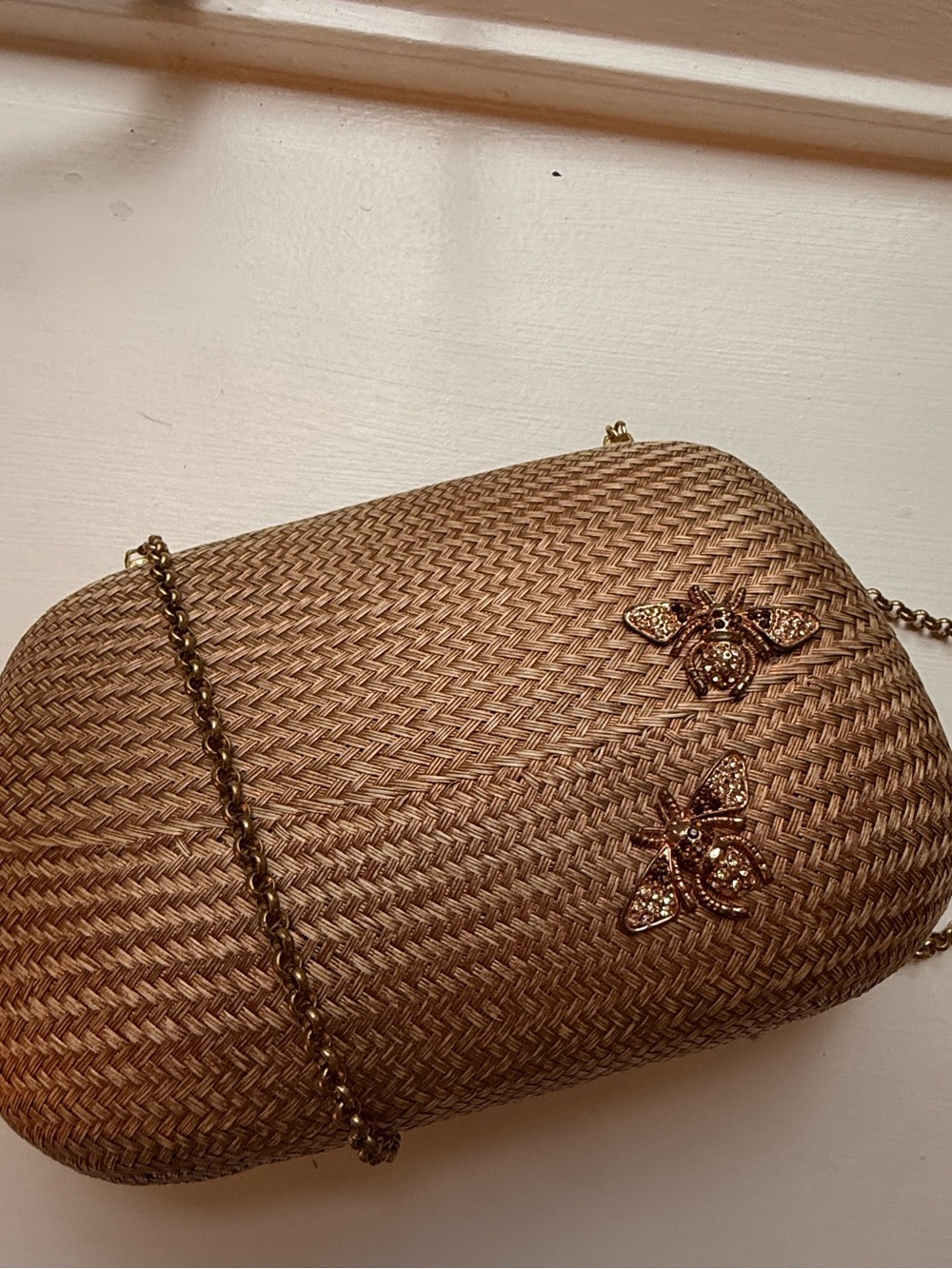 KOTUR Raffia Woven Clutch Bee Embellished Gold Chain